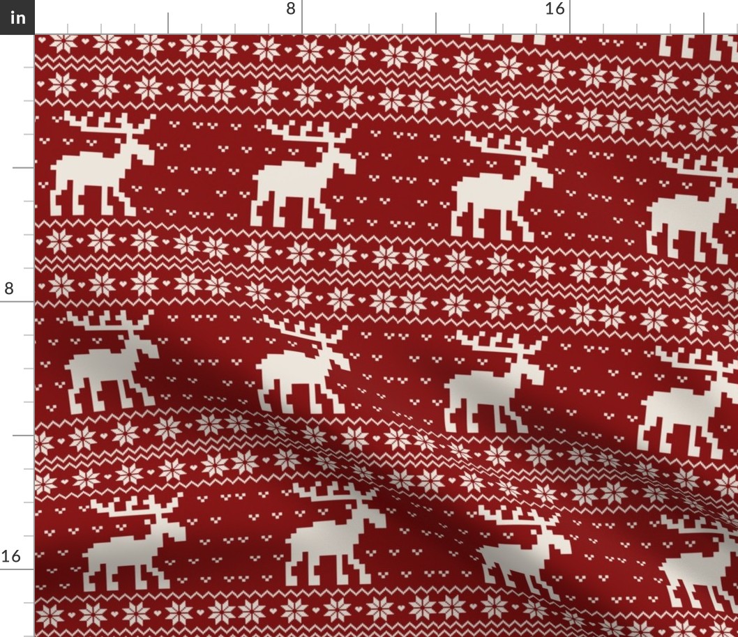 Ugly cozy Christmas Sweater Pattern, Xmas Deer Fabric, X-mas Moose Nostalgy, winter red beige Fabric