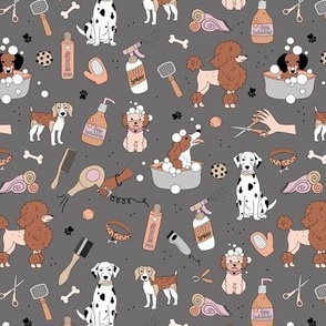 Dog day at the spa puppy grooming business supplies with bubbles shampoo and pup beauty equipment neutral beige rust on charcoal gray vintage palette 