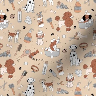 Dog day at the spa puppy grooming business supplies with bubbles shampoo and pup beauty equipment neutral beige gray on tan beige