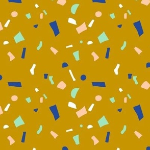 Nineties retro neon confetti - paper shards terrazzo abstract party design summer girls eclectic blue teal yellow on mustard 