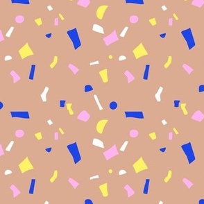 Nineties retro neon confetti - paper shards terrazzo abstract party design summer girls eclectic blue pink yellow on tan beige 