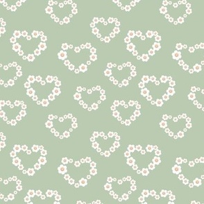 Little daisy hearts - valentine smileys and blossom in heart shape white on sage green