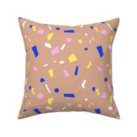 Nineties retro neon confetti - paper shards terrazzo abstract party design summer girls eclectic blue pink yellow on tan beige 