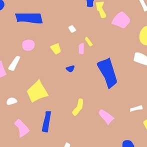 Nineties retro neon confetti - paper shards terrazzo abstract party design summer girls eclectic blue pink yellow on tan beige 
