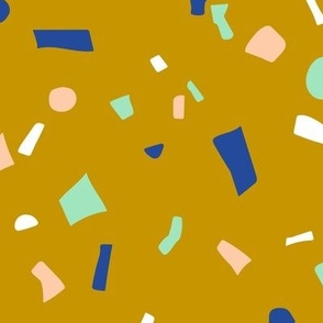 Nineties retro neon confetti - paper shards terrazzo abstract party design summer girls eclectic blue teal yellow on mustard LARGE