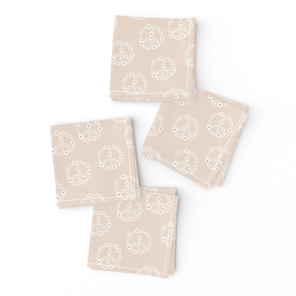 Little daisy blossom with smiley hearts in peace sign shape boho retro design neutral beige sand tan