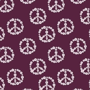 Little daisy blossom with smiley hearts in peace sign shape boho retro design berry purple