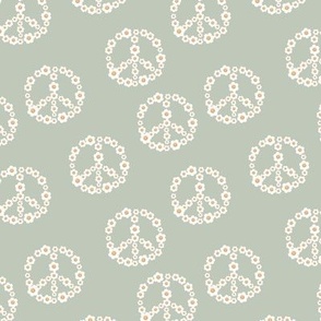 Little daisy blossom with smiley hearts in peace sign shape boho retro design sage green