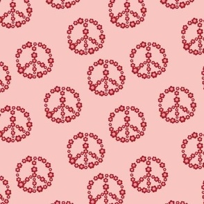 Little daisy blossom with smiley hearts in peace sign shape boho retro design red on pink valentine palette