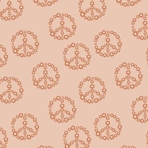 Little daisy blossom with smiley hearts in peace sign shape boho retro design seventies orange on tan nude