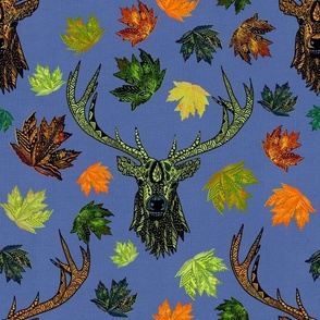 Reindeer, elk, stags handdrawn and doodled with leaves on linen effect, denim  blue medium