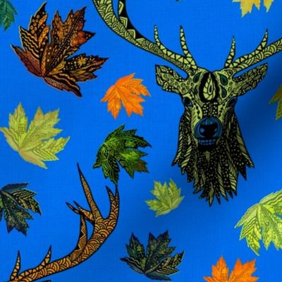 Reindeer, elk, stags handdrawn and doodled with leaves on linen effect, ultramarine blue medium
