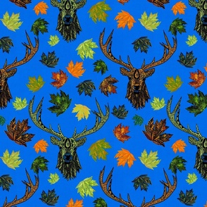 Reindeer, elk, stags handdrawn and doodled with leaves on linen effect, ultramarine blue medium