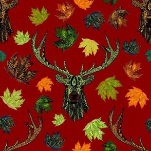 Forest animals cabin core Reindeer, elk, stags handdrawn and doodled with leaves on linen effect, deep red medium