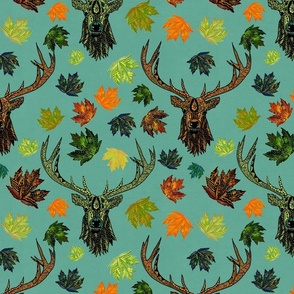 Reindeer, elk, stags handdrawn and doodled with leaves on linen effect, teal medium