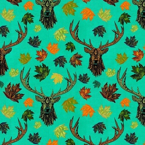 Reindeer, elk, stags handdrawn and doodled with leaves on linen effect, turquoise medium