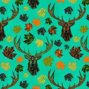 Forest cabin core Reindeer, elk, stags handdrawn and doodled with leaves on linen effect, turquoise small