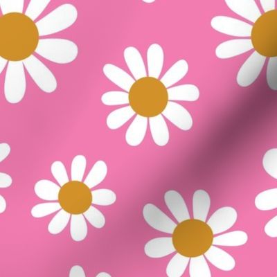 Joyful White Daisies - Large Scale - Bright Pink Retro Vintage Flowers Floral 60s