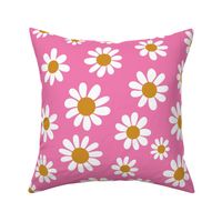 Joyful White Daisies - Large Scale - Bright Pink Retro Vintage Flowers Floral 60s