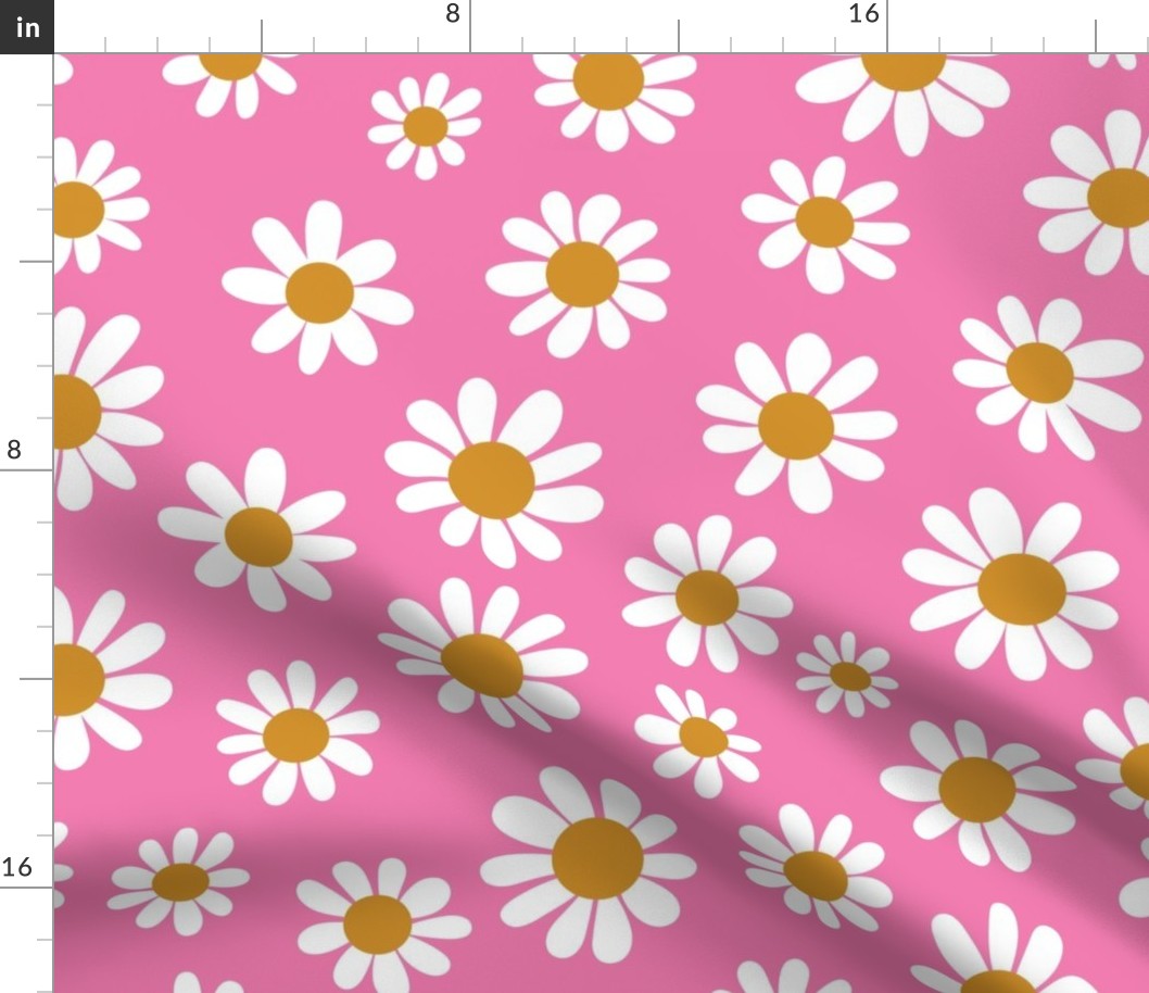 Joyful White Daisies - Large Scale - Bright Pink Retro Vintage Flowers Floral 60s