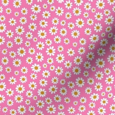 Joyful White Daisies  - Ditsy Scale - Bright Pink Retro Vintage Flowers Floral 60s