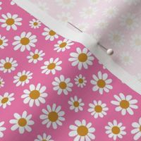 Joyful White Daisies  - Ditsy Scale - Bright Pink Retro Vintage Flowers Floral 60s