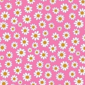 Joyful White Daisies  - Ditsy Scale - Bright Pink Retro Vintage Flowers Floral 60s