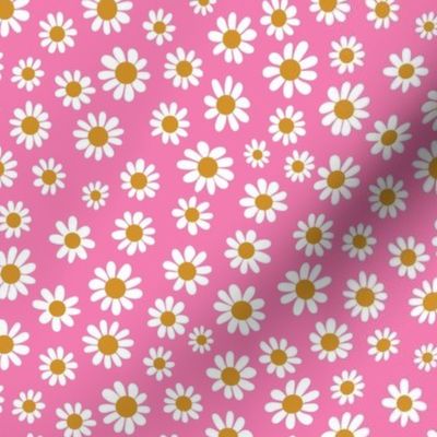 Joyful White Daisies - Small Scale - Bright Pink Retro Vintage Flowers Floral 60s