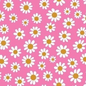 Joyful White Daisies - Small Scale - Bright Pink Retro Vintage Flowers Floral 60s
