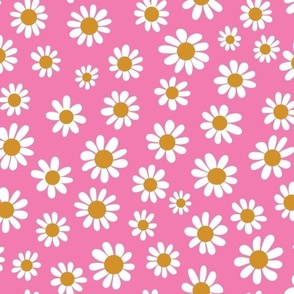 Joyful White Daisies - Medium Scale - Bright Pink Retro Vintage Flowers Floral 60s