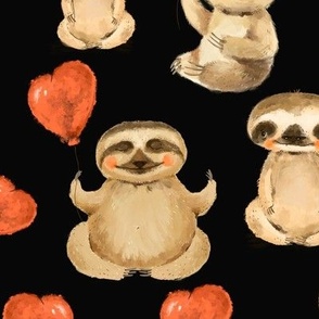 Cute Sloth with Red Hearts Balloon on Black