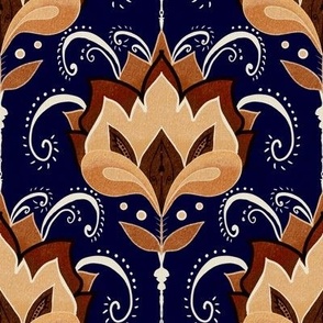 Art Deco stylised birds, browns and beige on midnight blue medium