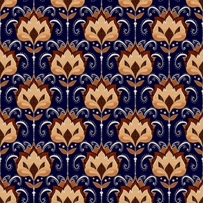 Bronze and beige stylised Art Deco birds small on midnight blue linen