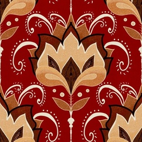 Bronze and beige stylised Art Deco birds large on deep red linen