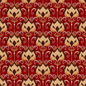 Bronze and beige stylised Art Deco birds small on deep red  linen