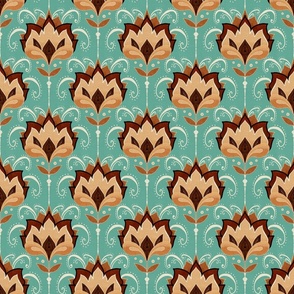 Bronze and beige stylised Art Deco birds small on teal linen