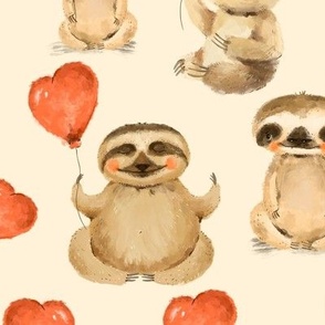 Cute Sloth with Hearts Balloons on beige