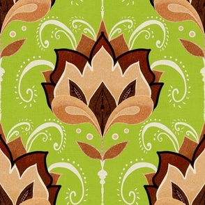 Bronze and beige stylised Art Deco birds large on lime green linen