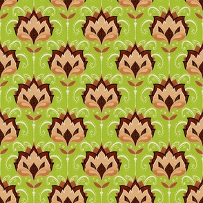 Bronze and beige stylised Art Deco birds small on lime green linen