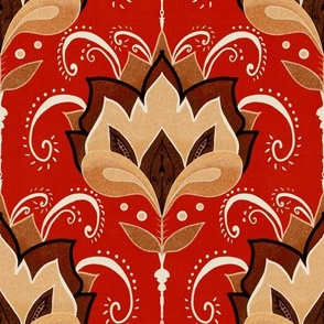 Bronze and beige stylised Art Deco birds small on red linen