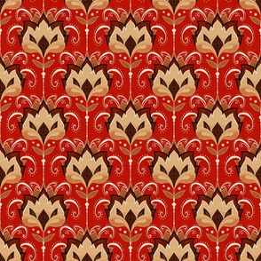 Bronze and beige stylised Art Deco birds small on red linen