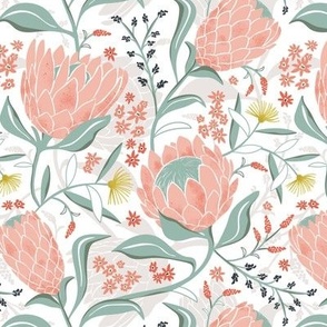 Protea Field - Botanical Floral White Pink Alternate (Flora Australis Color) Regular Scale