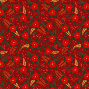 Christmas colourful pattern with red poinsettia, berries, leaves, red background.