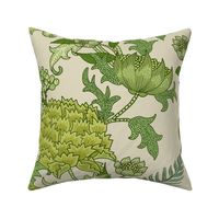 Romantic Garden Green on beige William Morris Style