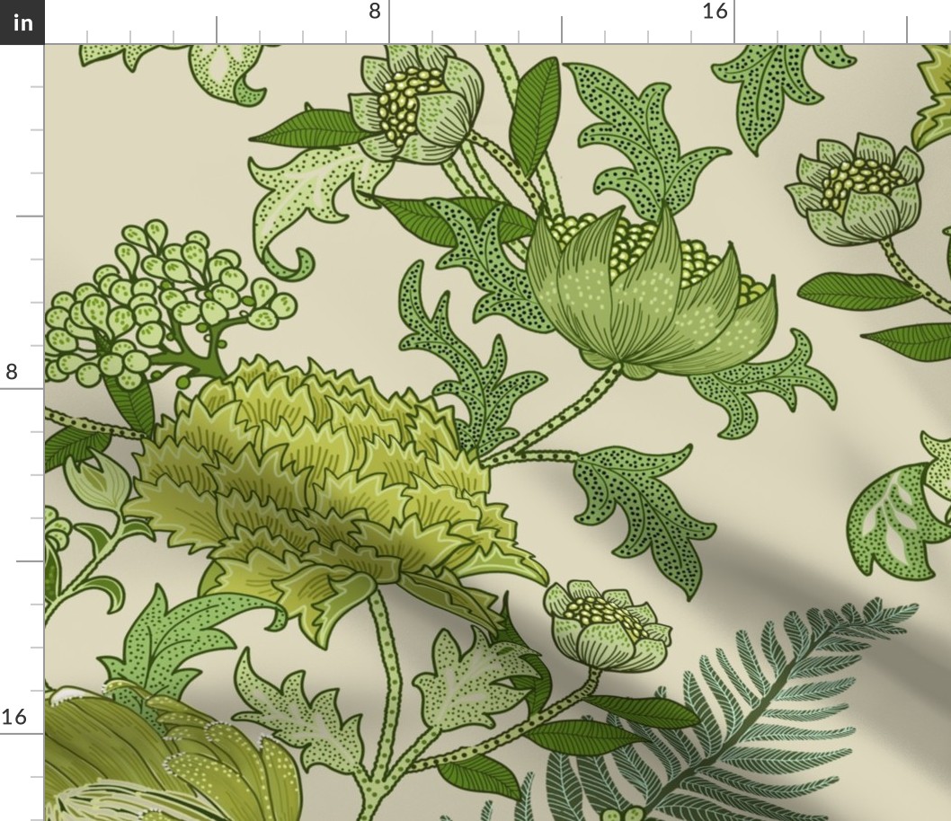 Romantic Garden Green on beige William Morris Style