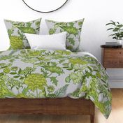 Large Romantic Garden Green on gray William Morris Style