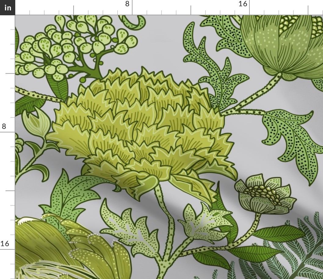 Large Romantic Garden Green on gray William Morris Style