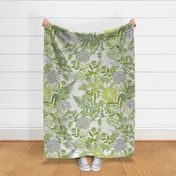 Romantic Garden Green and Gray on light gray William Morris Style