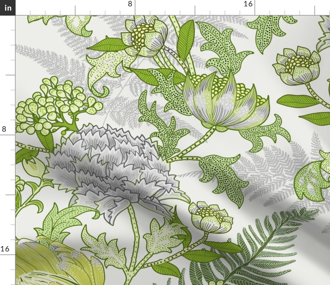 Romantic Garden Green and Gray on light gray William Morris Style