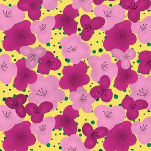 Pink and Magenta on Bright Yellow - Bold Gouache Flowers